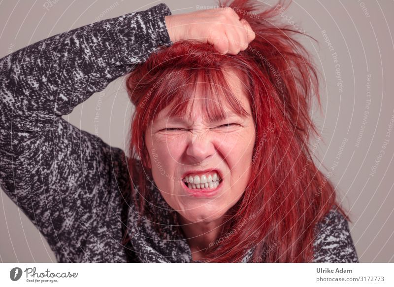 Frau ist wütend Mensch feminin Erwachsene Kopf Zähne 1 45-60 Jahre Pullover rothaarig langhaarig Pony schreien toben Aggression bedrohlich natürlich rebellisch
