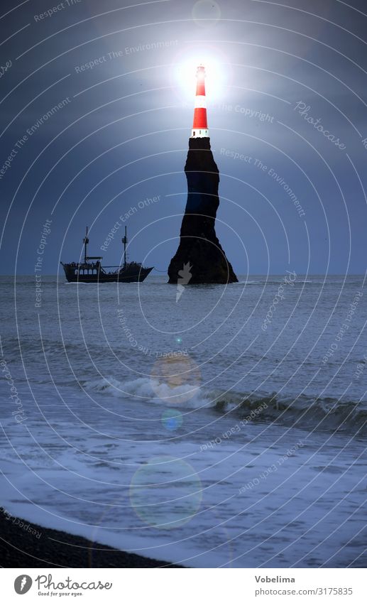 Composing: Leuchtturm auf einem Felsen Strand Meer Wellen Natur Landschaft Küste Schifffahrt Segelboot Segelschiff blau rot schwarz weiß felsnadeln licht