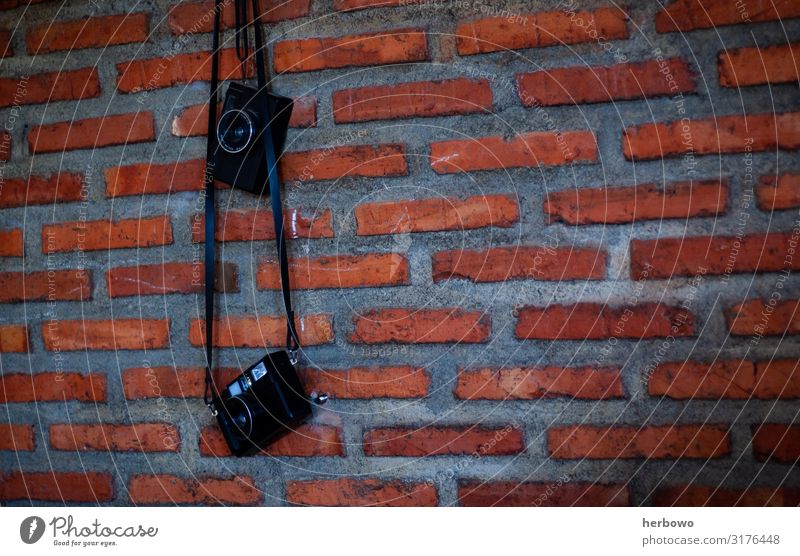 an der Ziegelwand hängende Kamera Tapete Fotokamera Mauer Wand Dekoration & Verzierung Backstein braun grau orange rot Stimmung Farbfoto Innenaufnahme Tag Licht