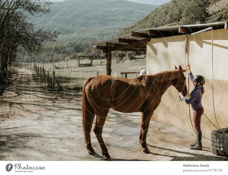 Frau treibts mit pferd