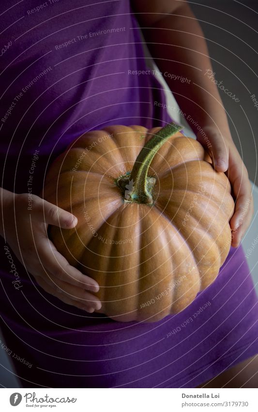 Mädchen mit Kürbis in der Hand Gemüse Lifestyle Halloween feminin Kindheit 1 Mensch Natur Herbst Diät füttern Billig gut Halt im Innenbereich purpur Farbfoto