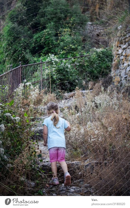 Dieser Weg Ferien & Urlaub & Reisen Kleinkind Mädchen 1 Mensch 1-3 Jahre Natur Pflanze Baum Sträucher Felsen Mauer Wand Treppe Geländer Wege & Pfade wandern