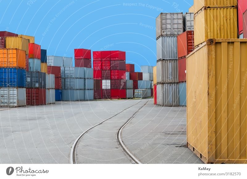 Hafen Deutschland norddeutsch Bremen Europa Container Schienenverkehr Gleise Farbe Mobilität Ordnung Güterverkehr & Logistik Ware mehrfarbig Stapel viele
