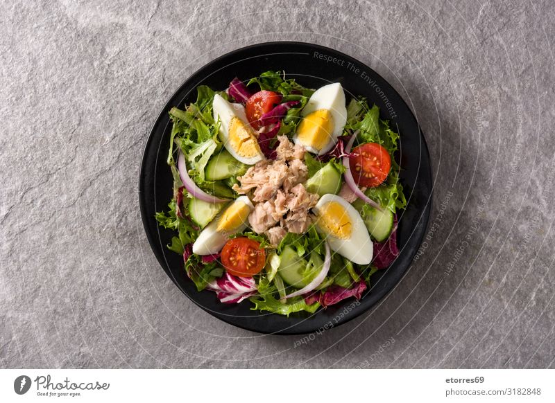 Salat mit Thunfisch, Ei und Gemüse auf schwarzem Teller Salatbeilage Tomate Kopfsalat Zwiebel Gurke Salatgurke Scheibe gemischt Olivenöl Gesunde Ernährung