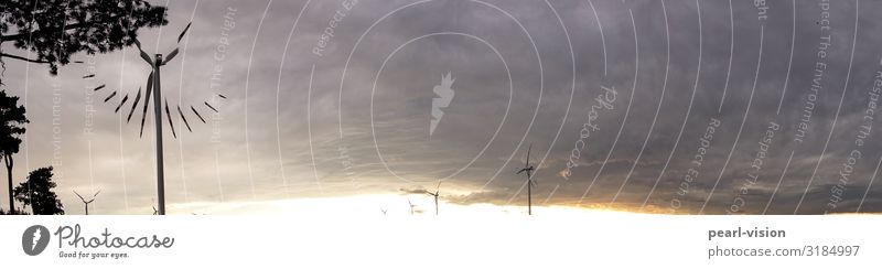 windzeit Windkraftanlage Umwelt Natur Wolken Klimawandel Wetter Zifferblatt Zeit Farbfoto Außenaufnahme Textfreiraum rechts Textfreiraum oben Abend Dämmerung