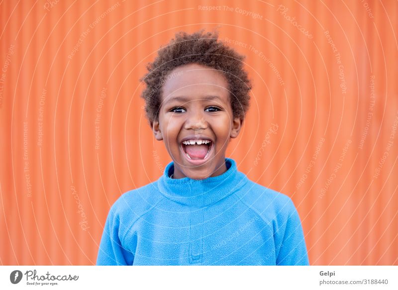 Lustiges afrikanisches Kind mit blauem Trikot Freude Erholung Freizeit & Hobby Spielen Junge Kindheit Herbst Wiese Afro-Look Lächeln träumen Fröhlichkeit klein
