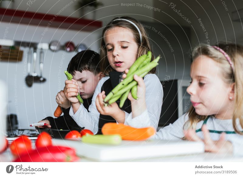 Geschwister bereiten Gemüse für Salat zu. Küche kochen & garen angeblättert Schneiden Salatbeilage heimwärts Mädchen Junge Vegane Ernährung Gesundheit frisch