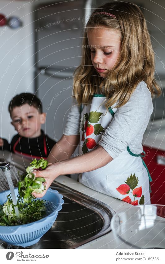 Kind wascht Kräuter für Salat Mädchen Wäsche waschen Hand Küchenkräuter Wasser Waschbecken Zapfhahn frisch Salatbeilage kochen & garen reif Gesundheit