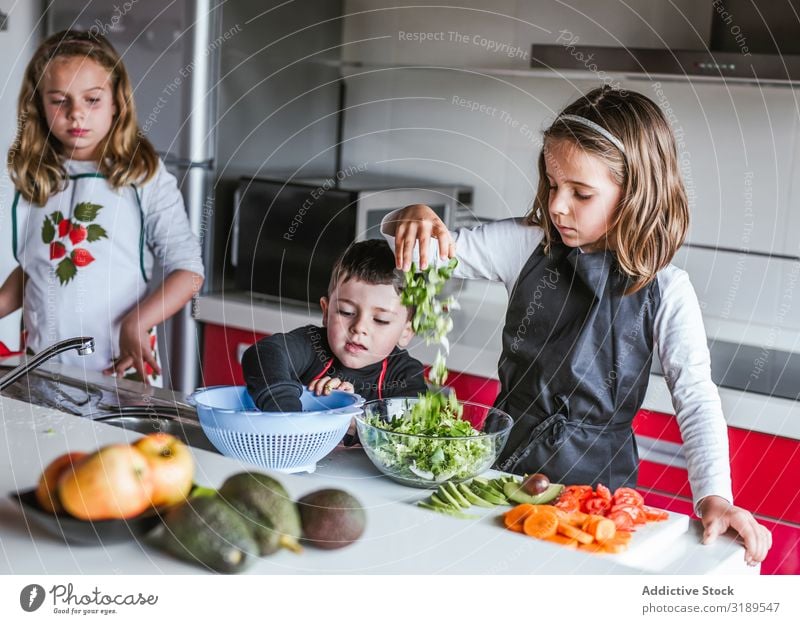 Kinder spielen beim Zubereiten von Gemüse für den Salat Geschwister Küche kochen & garen angeblättert Schneiden Salatbeilage heimwärts Mädchen Junge