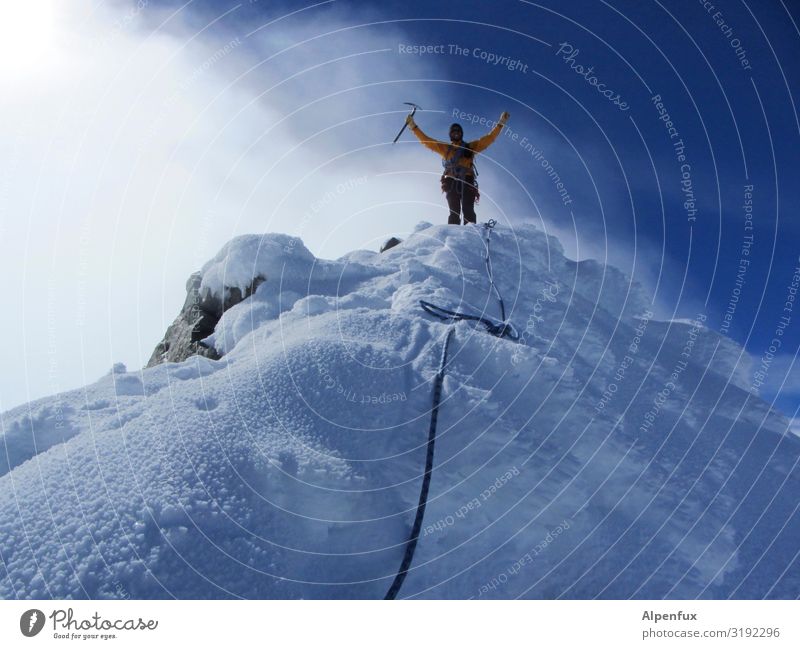 Bergpredigt maskulin Mann Erwachsene 1 Mensch Umwelt Himmel Klima Klimawandel Schönes Wetter Eis Frost Schnee Alpen Berge u. Gebirge Kanton Wallis Gipfel