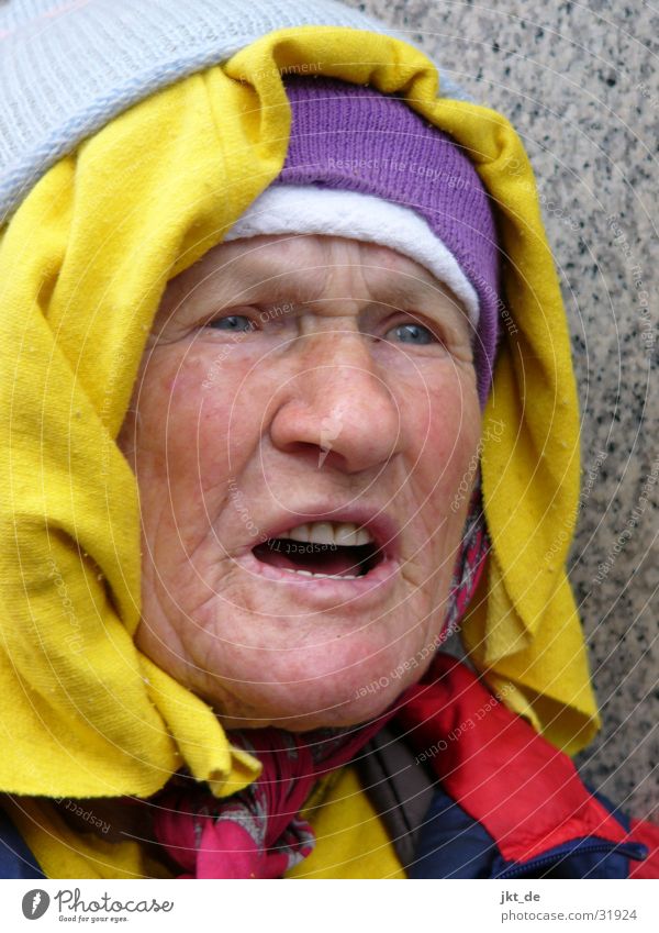 Russian Bag Lady 2 Senior Aufregung mehrfarbig Kopftuch Mütze Frau Weiblicher Senior redend ca. 80 Jahre Russland