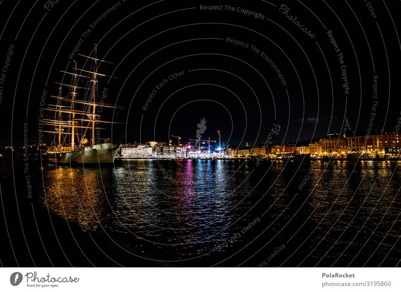 #S# Hafenromantik Stadt Hafenstadt außergewöhnlich Stockholm Wasserfahrzeug Segelschiff Nacht Großstadt Schweden Skyline Altstadt Gamla Stan Licht Flair schön