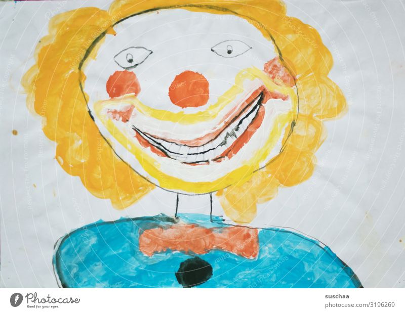 gruselclown Gemälde Zeichnung Kinderzeichnung Figur Clown hässlich gruselig Naivität schön Kunst Wasserfarbe mehrfarbig Gesicht Horrorclown grinsen Papier