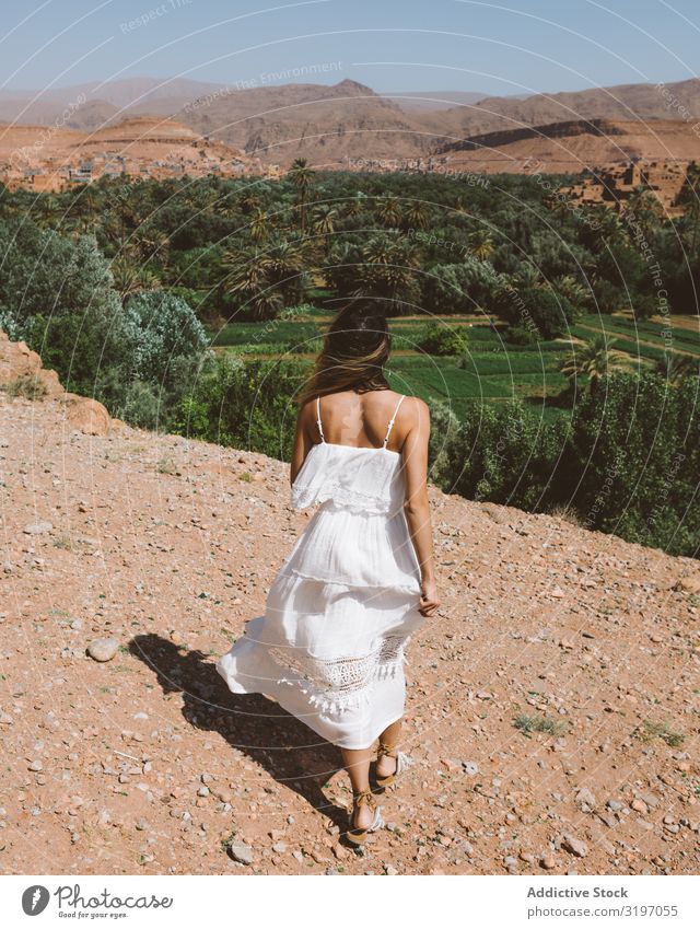 Frau in Weiß gegen tropischen Garten Wüste Handfläche Hügel Marokko Sommer Landschaft Freiheit weißes Kleid Tourismus Oase schön abgelegen heizen Abenteuer Hain