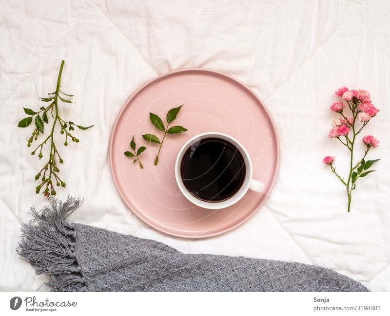 Frühstück im Bett mit Kaffee Getränk Heißgetränk Espresso Teller Tasse Lifestyle Wohlgefühl Zufriedenheit Erholung ruhig Blume Rose Bettdecke Wolldecke Duft