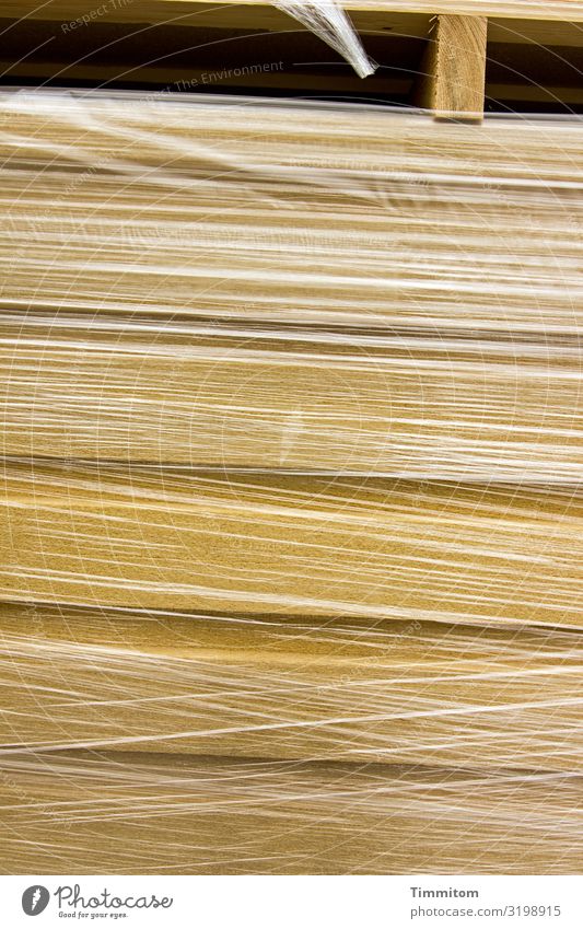 Holz in Folie Baustoff Palette eingepackt Kunststoff Plastik Verpackung durchsichtig straff Linien Menschenleer Farbfoto