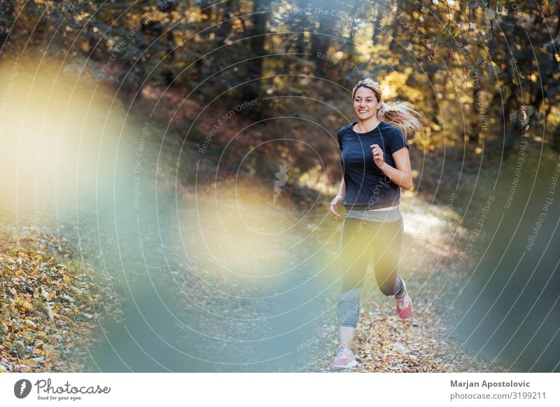 Junge sportliche Frau läuft im Herbst in den Wäldern Gesundheit Fitness Leben Sport Sport-Training Leichtathletik Sportler Joggen feminin Junge Frau Jugendliche
