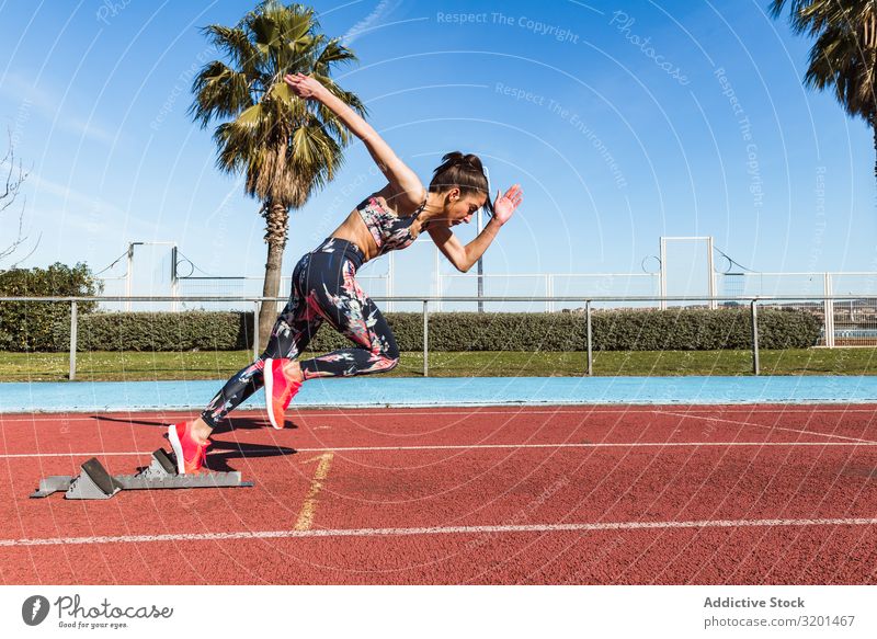 Schlanke Frau rennt im Stadion rennen Bahn Geschwindigkeit Sport Athlet Himmel Sonnenstrahlen Tag Sportbekleidung dünn stark Erholung Fitness Sprint Aktion