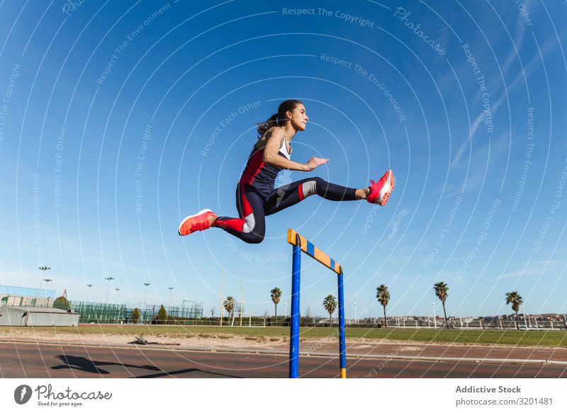 Sportlerinnen beim Hürdenlauf im Stadion Frau springen Bahn Jugendliche Sportbekleidung Himmel blau Konkurrenz Athlet Tatkraft Motivation anstrengen stark Kraft
