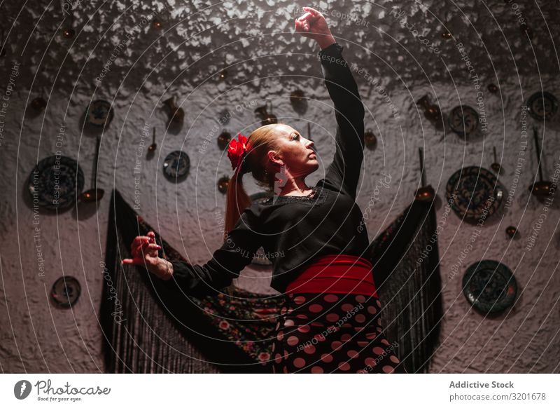 Tänzerin im Flamenco-Kostüm stehend in Tanzhaltung Flamencotänzer Tablao Frau Rock schön Ausdruck genießen attraktiv elegant Spanisch Tradition Inspiration