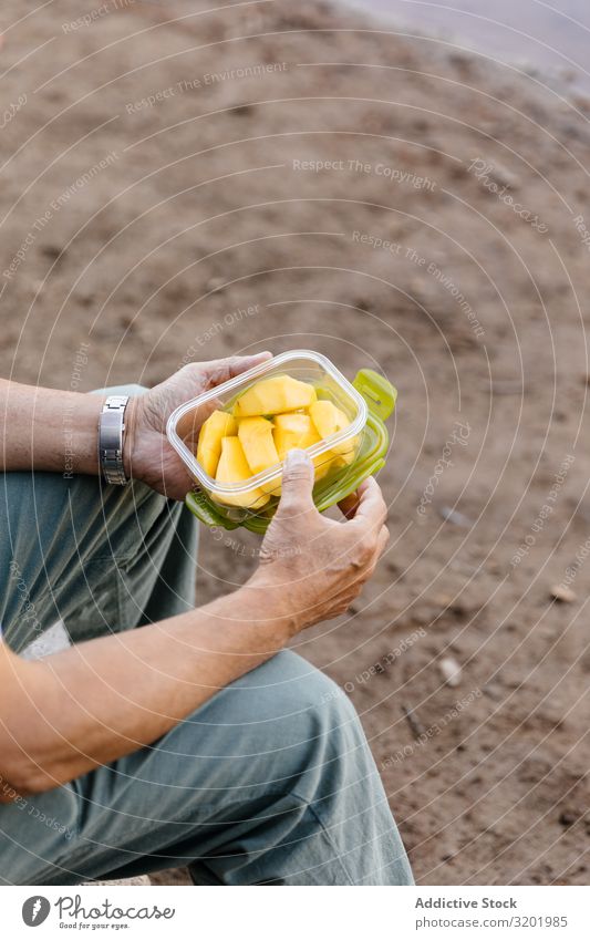 Männerhände essen Mango Frucht Mann Essen Natur Wald Sommer Gesundheit natürlich Außenaufnahme Tupperware Lifestyle sitzen Erwachsene Lebensmittel Mensch