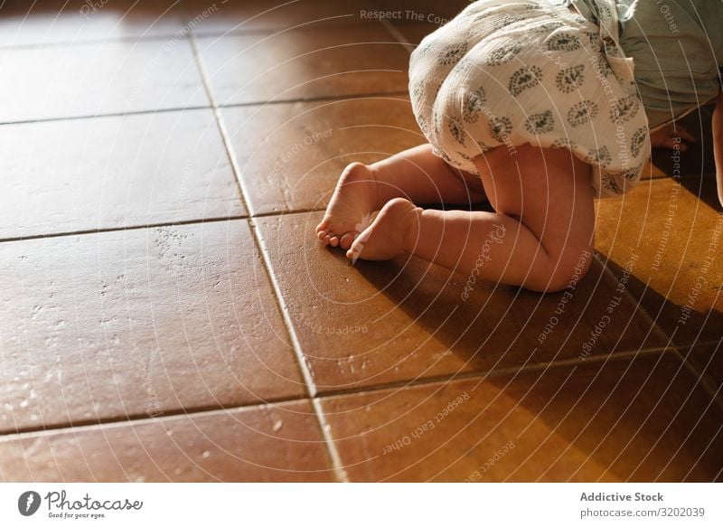 Baby krabbelt auf allen Vieren auf dem Boden krabbeln klein Säuglingsalter niedlich Spielen Freude erkundend schön heiter Kindheit Fundstück hübsch reizvoll
