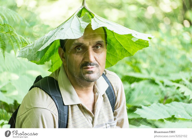 Ein Mann legte sich in der Natur ein grünes Blatt auf den Kopf. Lifestyle Stil Leben maskulin Erwachsene 1 Mensch 45-60 Jahre Kultur Umwelt Pflanze Sommer Wald