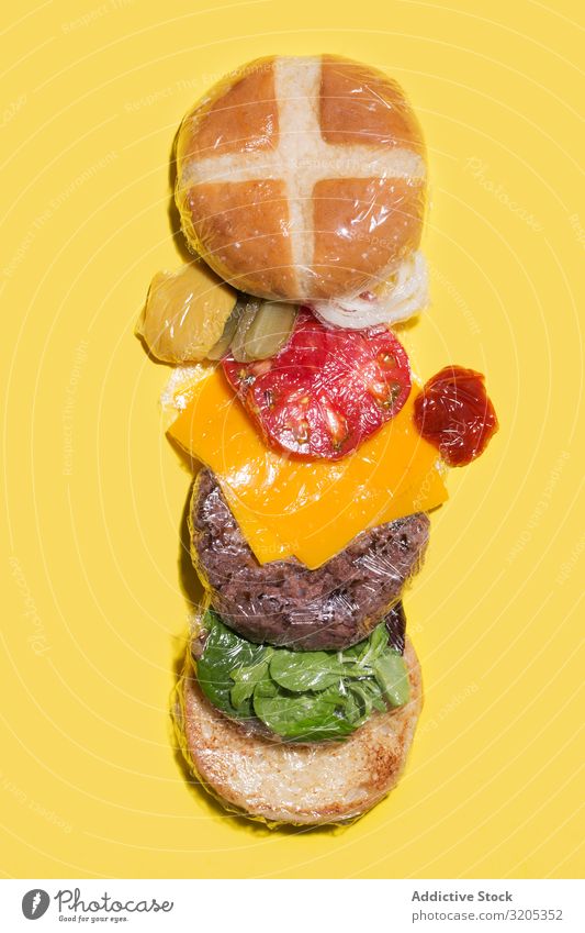 Zutaten eines in Plastik verpackten Cheeseburgers Grillen Rindfleisch Brot Brötchen Burger Käse Entwurf flache Verlegung Lebensmittel Hamburger Ketchup