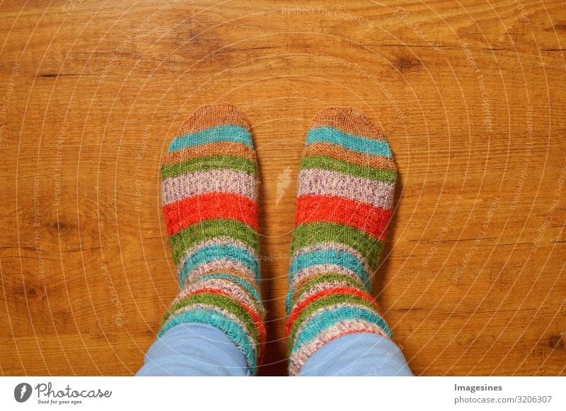 Wollsocken Lifestyle Häusliches Leben Wohnung Mensch feminin Frau Erwachsene Beine Fuß 1 Mode Strümpfe Stricksocken gestrickt kuschlig Wärme mehrfarbig
