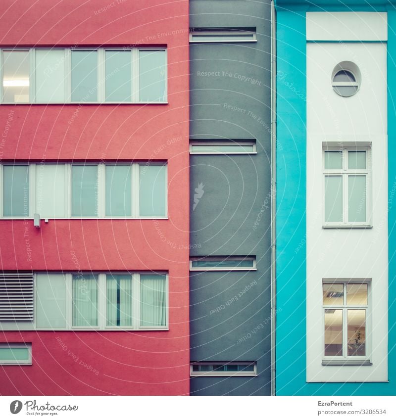 ||| Haus Bauwerk Gebäude Architektur Mauer Wand Fassade Fenster Linie Streifen eckig modern rund blau grau rot Design Farbe Strukturen & Formen Putzfassade Glas