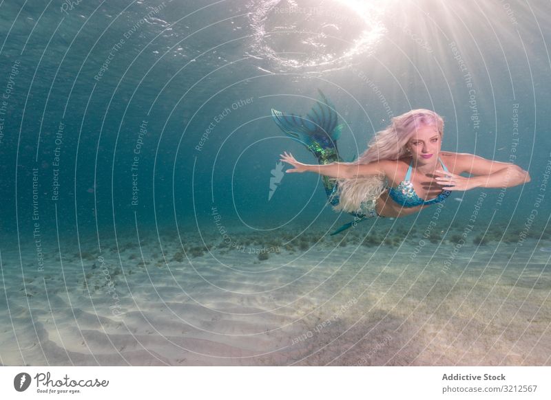 Blonde märchenhafte Meerjungfrau schwimmt unter Wasser schwimmen sorgenfrei Fischschwanz blau MEER tief blond schön Tageslicht Frau glänzend lange Haare hell