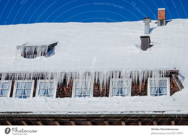Traufnasen, Eiszapfen an schneebedecktem Dach eines Schwarzwaldhauses Ausflug Schnee Winterurlaub Haus Himmel Wolkenloser Himmel Schönes Wetter Frost