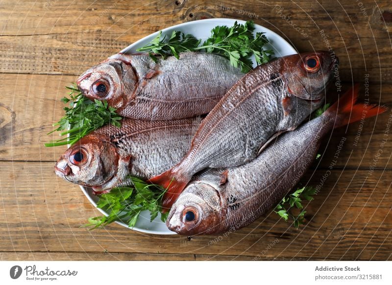 Großer Fisch mit rotem Schwanz im Teller Meeresfrüchte Petersilie frisch Essen zubereiten Lebensmittel appetitlich Abendessen Vorbereitung Bestandteil Omega