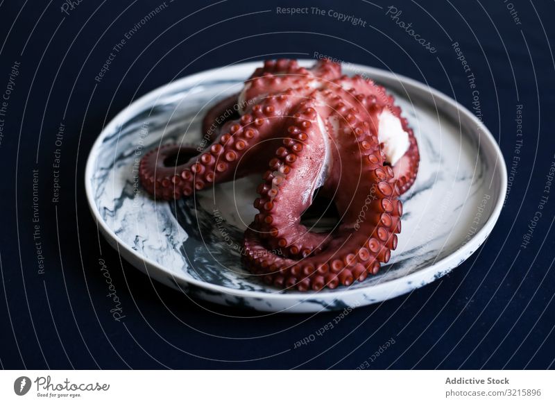 Roter frischfleischiger Oktopus in weißer Platte Octopus Meeresfrüchte geschmackvoll Lebensmittel Feinkostladen appetitlich Abendessen Reichtum Bestandteil