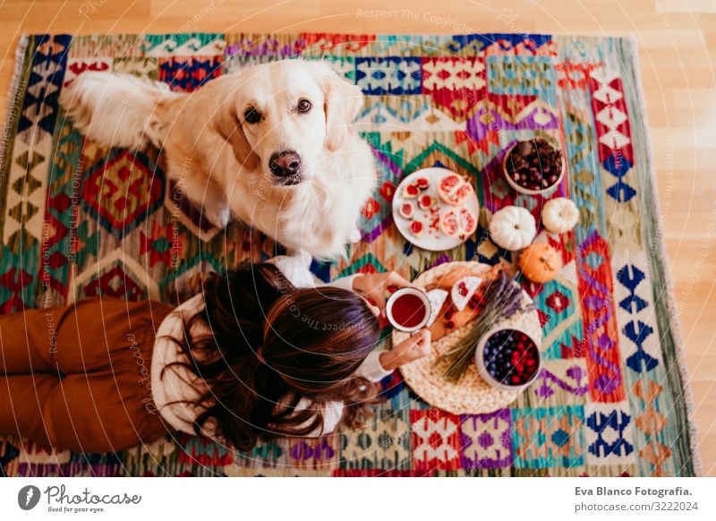 schöne Frau und süßer Golden Retriever-Hund, die zu Hause ein gesundes Frühstück genießen, auf dem Boden liegend. gesundes Frühstück mit Tee, Früchten und Süßigkeiten.