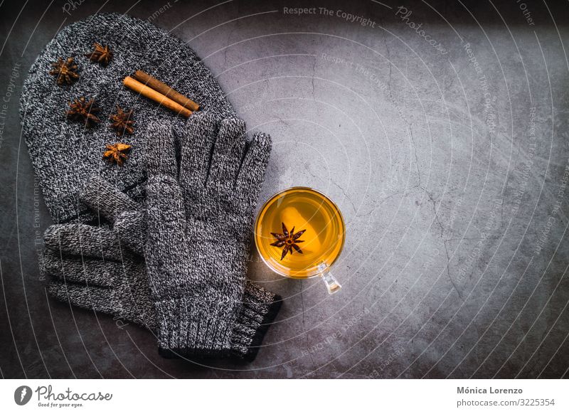 Wollmütze und Handschuhe für die Wintersaison mit Kräutertee. Tee Krankheit Medikament Wärme Schal Hut Beton heiß natürlich Ingwer Tasse Grippe Anis Becher