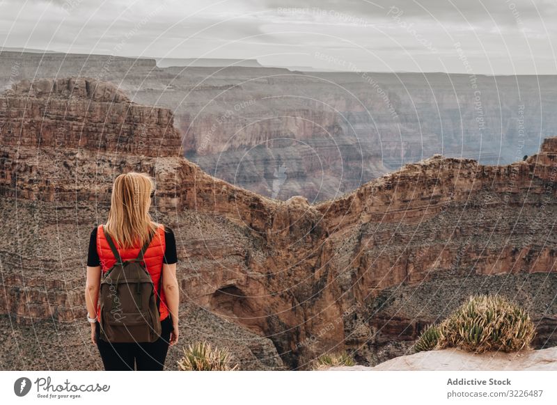 Ruhige Frau beim Betrachten einer malerischen Landschaft bewundern Schlucht Aussehen Ansicht bildlich Windstille Rucksack USA Urlaub erkunden Feiertag Tourist