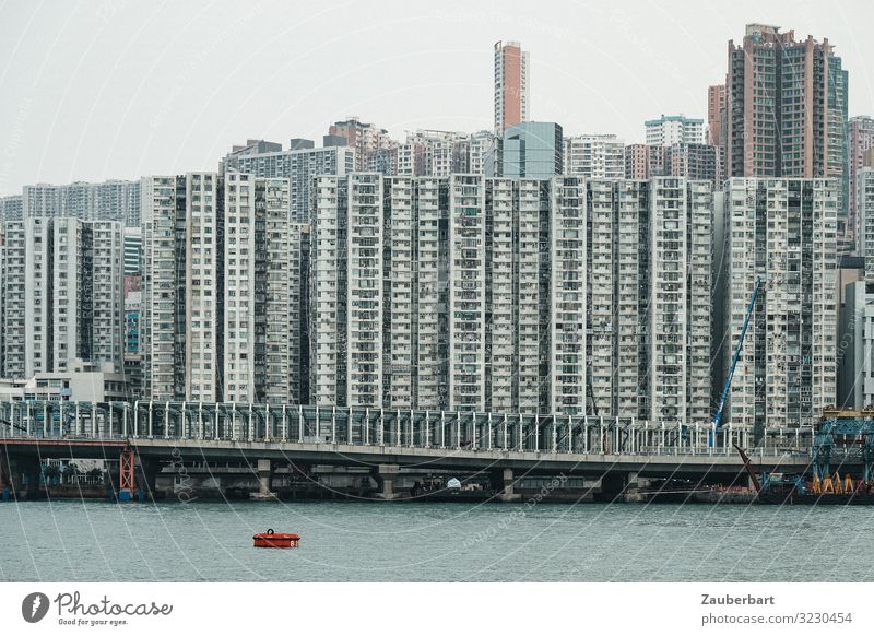 Hochhäuser in Hongkong, vom Hafen aus gesehen Städtereise China Stadt Stadtzentrum Skyline Hochhaus Fassade Fenster Häusliches Leben eckig gigantisch modern