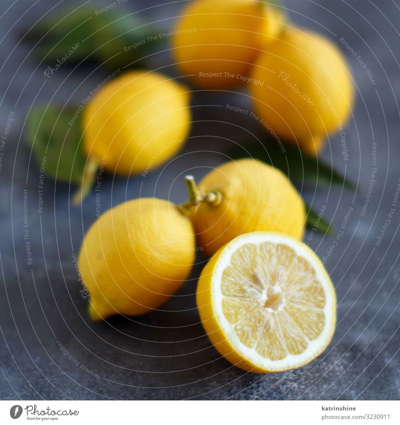 Frische Zitronen Frucht Vegetarische Ernährung exotisch Blatt frisch hell natürlich saftig gelb grau grün Textfreiraum Zitrusfrüchte tropisch Lebensmittel