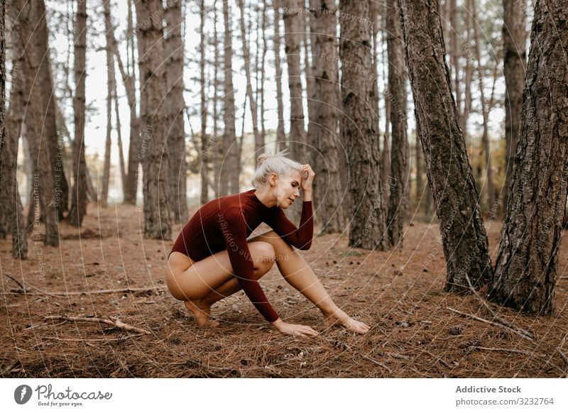 Schöne moderne Frau ruht barfuss in immergrünem Wald Wälder Harmonie hockend primitiv blond sorgenfrei Barfuß attraktiv schön charmant ruhen Trikot rot hell