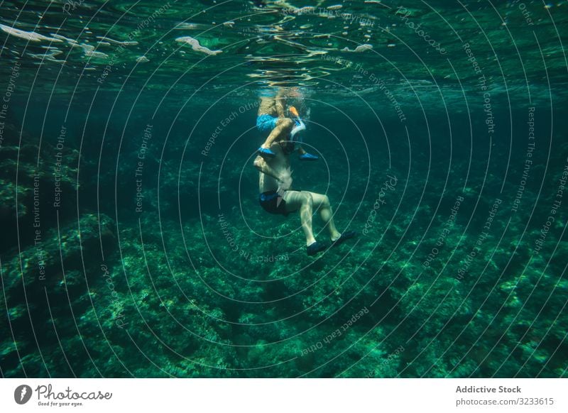 Männlicher Schwimmer schwimmt zwischen den Meereswellen Junge schwimmen unter Wasser MEER ruhig aktiv Oberfläche Training Windstille Sport Athlet Person stumm
