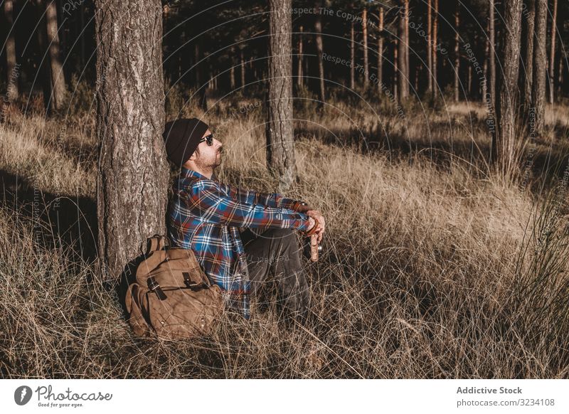 Entspannter Tourist ruht sich am Baum im Wald aus ruhen entspannt Mann Immergrün kalt getrocknet sonnig Herbst Saison sitzen Hut Sonnenbrille Rucksack Wälder