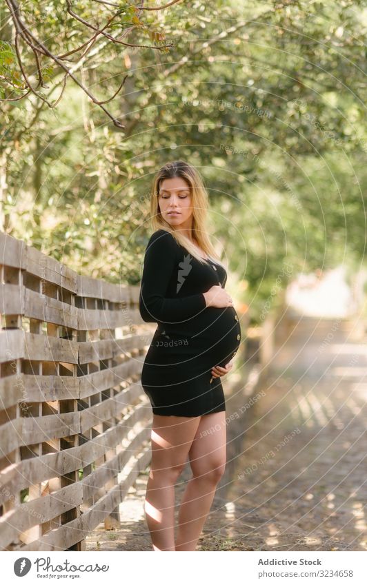 Schwangere Frau schaut weg und berührt den Bauch, während sie an einem sonnigen Tag auf der Straße in der Nähe eines Gartens steht schwanger Erwartung pränatal