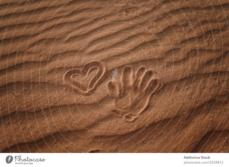 Im Sand eingezeichnetes Herz und Palmenspur am Strand Handfläche Seeküste Handabdruck Form romantisch Symbol Sommer tropisch Urlaub Erwachsener Frau