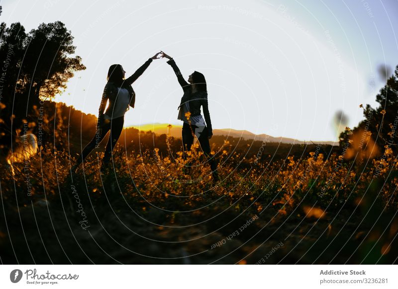 Glückliche Frauen stehen auf der Wiese Freunde Zusammensein Silhouette genießen Natur Freiheit Sonnenuntergang Feld Harmonie jung entspannt schön Sommer
