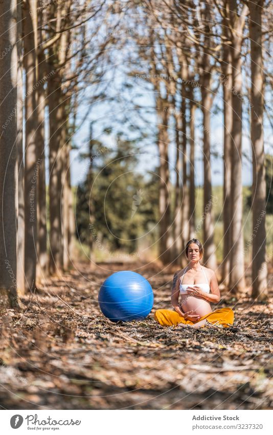 Heitere erwachsene schwangere Frau meditiert, während sie am sonnigen Tag im Park zwischen Bäumen auf dem Boden sitzt Yoga Pilatesball Meditation