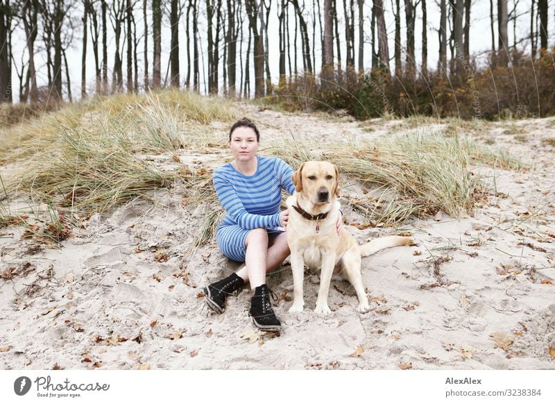 Junge Frau mit blondem Labrador sitzt auf Stranddüne Freude schön Leben harmonisch Ausflug Abenteuer Jugendliche Erwachsene 30-45 Jahre Landschaft Herbst Baum