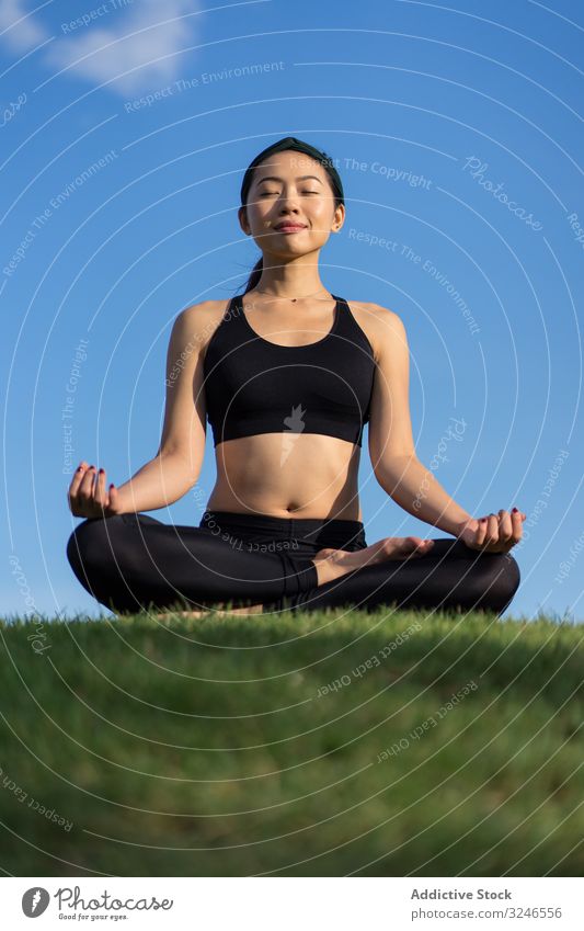Am Strand meditierende Frau Yoga üben Gras grün MEER Meer stehen Übung Gleichgewicht Training jung Athlet aktiv Windstille Ruhe Sportbekleidung Körper Fitness