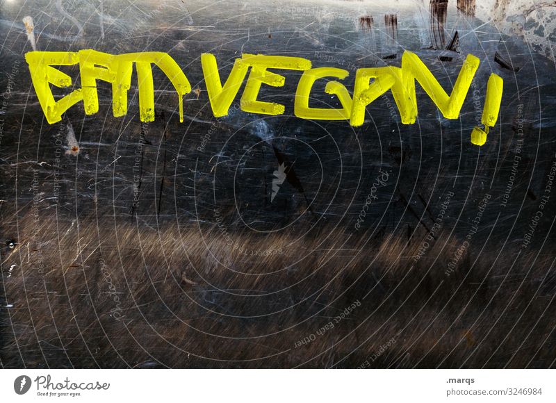 Eat vegan! | Geschriebenes Ernährung Essen Vegane Ernährung Schriftzeichen Graffiti trashig gelb schwarz Gesundheit Farbfoto Außenaufnahme Nahaufnahme