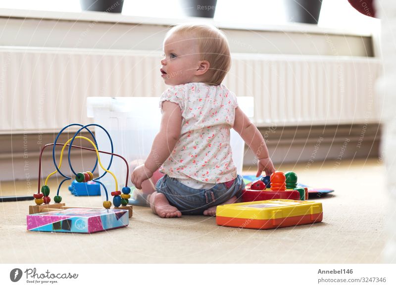 Baby spielt allein mit Spielzeug auf einem Teppich auf dem Boden zu Hause Lifestyle Freude Glück Erholung Freizeit & Hobby Spielen Wohnzimmer Kind Mensch